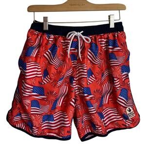 Rowdy Gentleman National Anthem USA Patriotic Flag Red Swim Trunks M-120 Sz L
